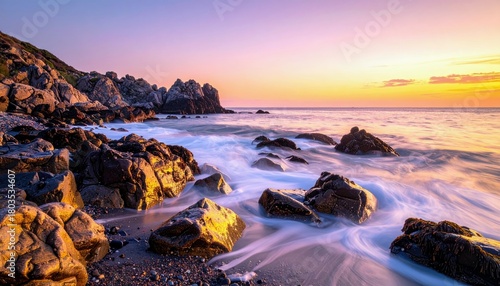 A serene seascape at sunset, featuring dramatic rock formations, the ocean, and a sky painted with warm hues.