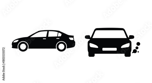 Two black silhouettes of cars facing different directions one with exhaust