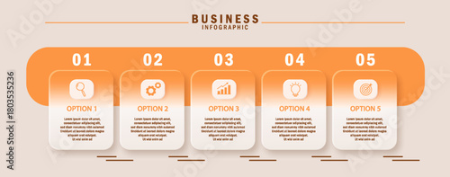 Creative business infographic layout featuring five steps or options for visualizing processes, data flows, and strategic information.