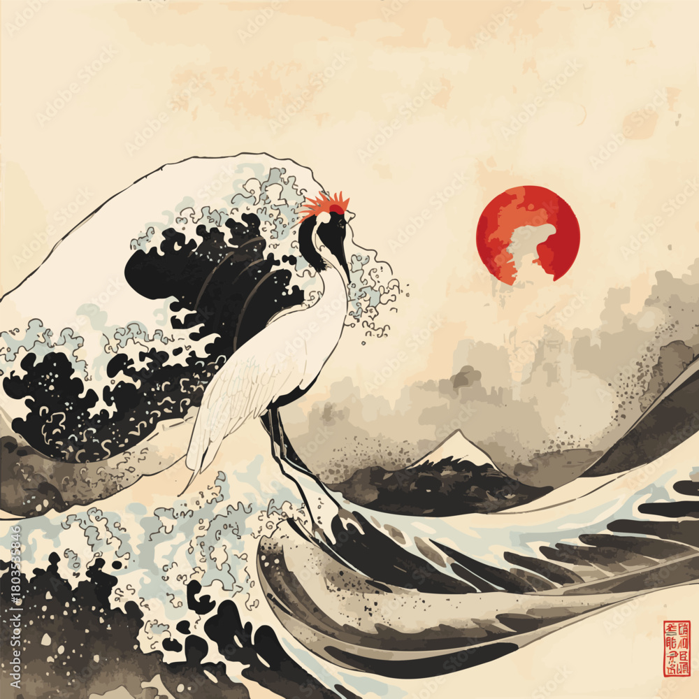 Fototapeta premium A Japanese red-crowned crane gracefully balances by turbulent black ink waves, with a radiant red sun reflecting on the distant horizon in a traditional minimalist style..eps