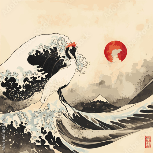 A Japanese red-crowned crane gracefully balances by turbulent black ink waves, with a radiant red sun reflecting on the distant horizon in a traditional minimalist style..eps