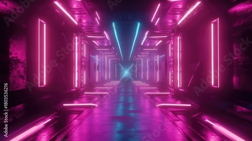 Fototapeta Naklejka Na Ścianę i Meble -  Futuristic neon lit tunnel with glowing lights