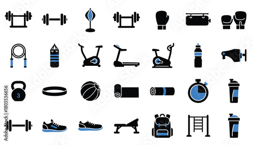 Set of fitness and gym icons simple flat design elements for workout training and healthy lifestyle isolated on white background