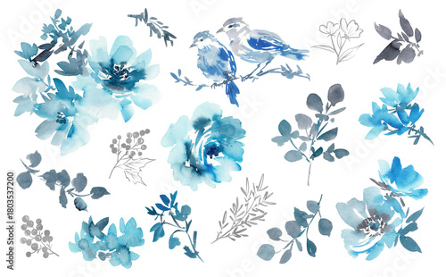 watercolor floral clipart set with abstract hand painted blue rose, eucalyptus leaves, birds, wild flowers and silver line art. Modern floral PNG illustrations for post card and stationary.