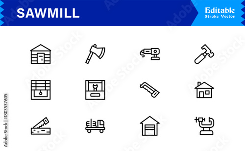 Sawmill And Lumber Industry Line Icon Set – Professional, Modern, Minimal, And Pixel Perfect Woodcutting Symbols