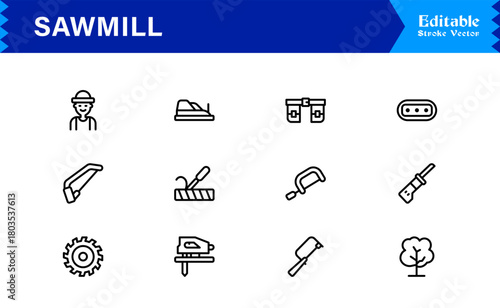 Sawmill And Lumber Industry Line Icon Set – Professional, Modern, Minimal, And Pixel Perfect Woodcutting Symbols