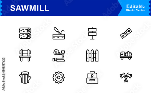 Sawmill And Lumber Industry Line Icon Set – Professional, Modern, Minimal, And Pixel Perfect Woodcutting Symbols