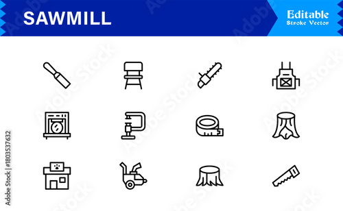 Sawmill And Lumber Industry Line Icon Set – Professional, Modern, Minimal, And Pixel Perfect Woodcutting Symbols