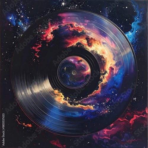 A vintage vinyl record with a swirling nebula replacing the label and filling the center. The background is a vast starry space