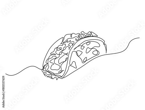 Continuous one line drawing of single mexican taco. Mexican taco hand drawn vector illustration.