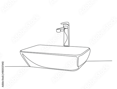 Continuous one line drawing of bathroom washbasin. Washstand hygiene hand drawn vector illustration.