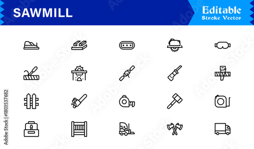 Sawmill And Lumber Industry Line Icon Set – Professional, Modern, Minimal, And Pixel Perfect Woodcutting Symbols