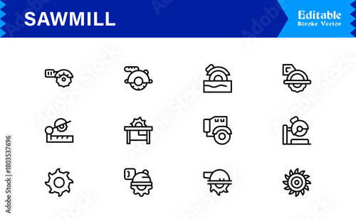 Sawmill And Lumber Industry Line Icon Set – Professional, Modern, Minimal, And Pixel Perfect Woodcutting Symbols