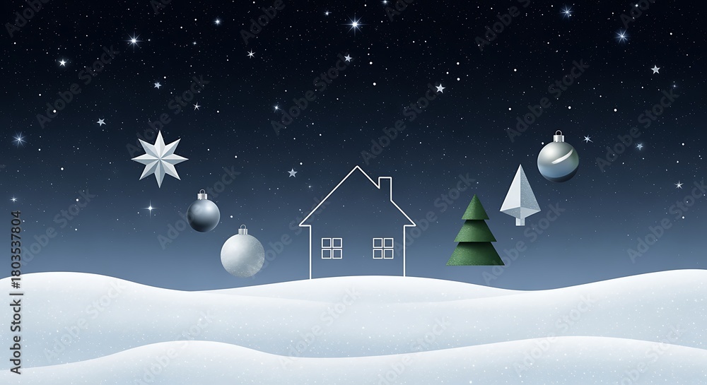 Naklejka premium Winter Scene with Snow, House and Ornaments at Night
