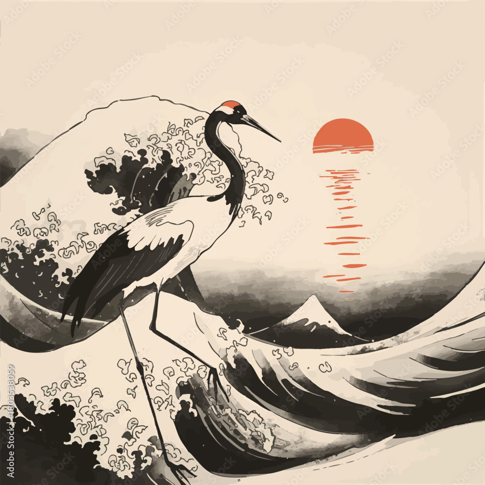 Fototapeta premium A Japanese red-crowned crane gracefully balances by turbulent black ink waves, with a radiant red sun reflecting on the distant horizon in a traditional minimalist style..eps