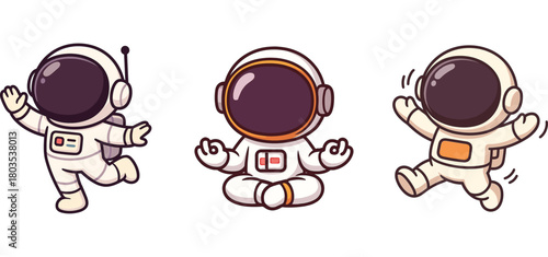 three cute astronauts jumping with cheerful poses