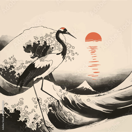 A Japanese red-crowned crane gracefully balances by turbulent black ink waves, with a radiant red sun reflecting on the distant horizon in a traditional minimalist style..eps