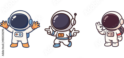 cheerful astronaut raising hands on cartoon stage