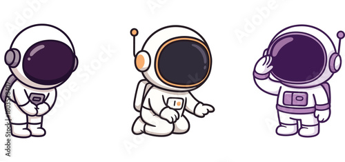 three cartoon astronauts waving hands and posing cutely