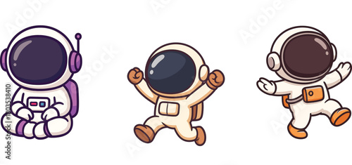 three cute astronauts raising hands in joyful poses