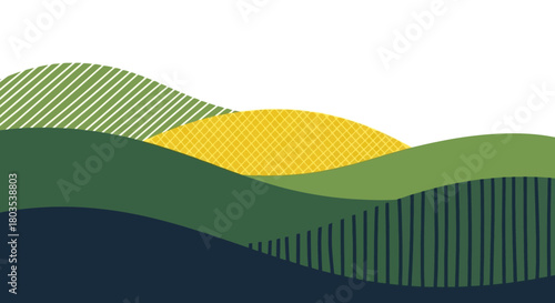 Abstract Landscape Illustration Featuring Hills, Sun, and Various Green Hues for Creative Design