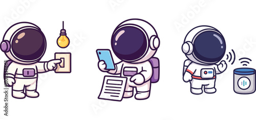 three cute astronauts reading notes and using machine