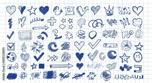 Hand-drawn doodle elements Hearts, stars, arrows, and other sketched design icons on a grid background