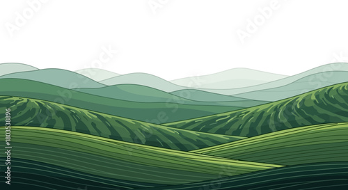 Rolling Green Hills Illustration Serene Landscape of Lush Fields and Gentle Mountains