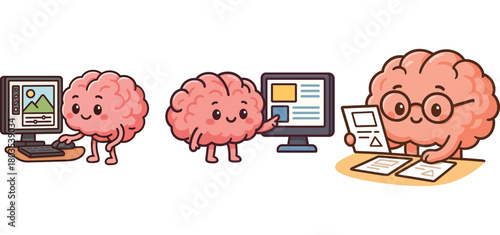 cartoon brain working at computer and taking notes