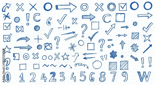 Collection of hand-drawn vector graphics Check marks, arrows, questions, and more for design elements