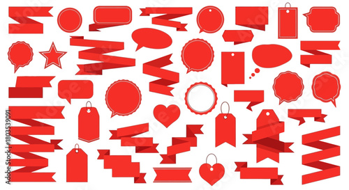 Extensive set of red vector graphic design elements including various ribbons, banners, labels, and tags, ideal for sales, marketing promotions, price tags, and special offer announcements