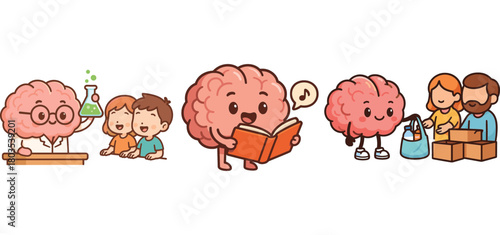 cute brain studying and reading with parent