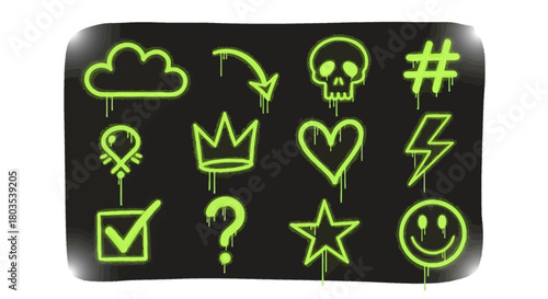 Neon Graffiti Icons Drips, Skulls, and Symbols