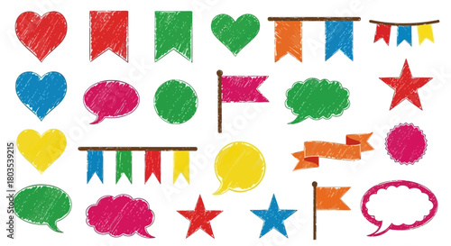 Colorful Scribbled Banners, Hearts, Speech Bubbles, and Flags Vector Illustration Pack
