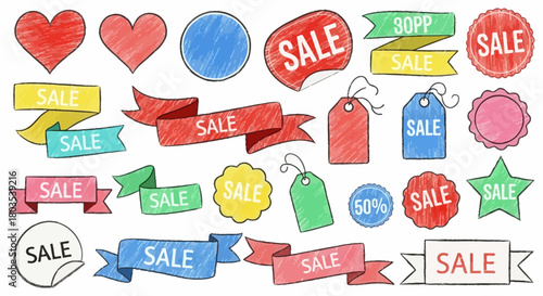 Vibrant hand-drawn collection of 'Sale' tags, discount labels, and promotional banners with a unique sketchy crayon texture, ideal for advertising campaigns and retail promotions