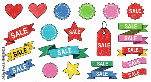 Vector illustration set of hand-drawn sale ribbons, badges, and tags for retail promotion and marketing