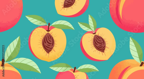 Delicious Peach Pattern Design on a Teal Background Perfect for Food and Summer Themes