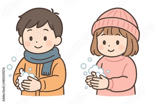 泡でしっかり手洗いをしている子どものイラストセット（男の子・女の子）｜感染予防・衛生習慣・教育素材