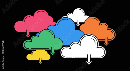 A colorful set of stylized cloud computing icons representing digital data download, online storage, and network services