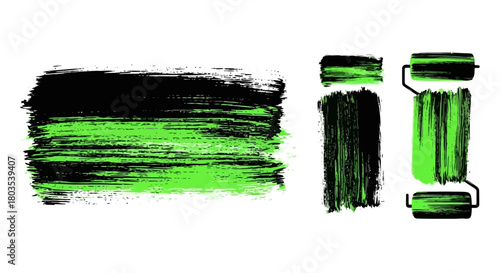 Abstract brush strokes with vibrant green and black paint on a white background, representing artistic expression and creativity