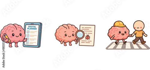 cute brain reading document and guarding crosswalk