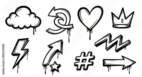 Collection of hand-drawn graffiti style icons with a drip effect. Includes heart, arrow, cloud, and crown symbols in a black and white street art design