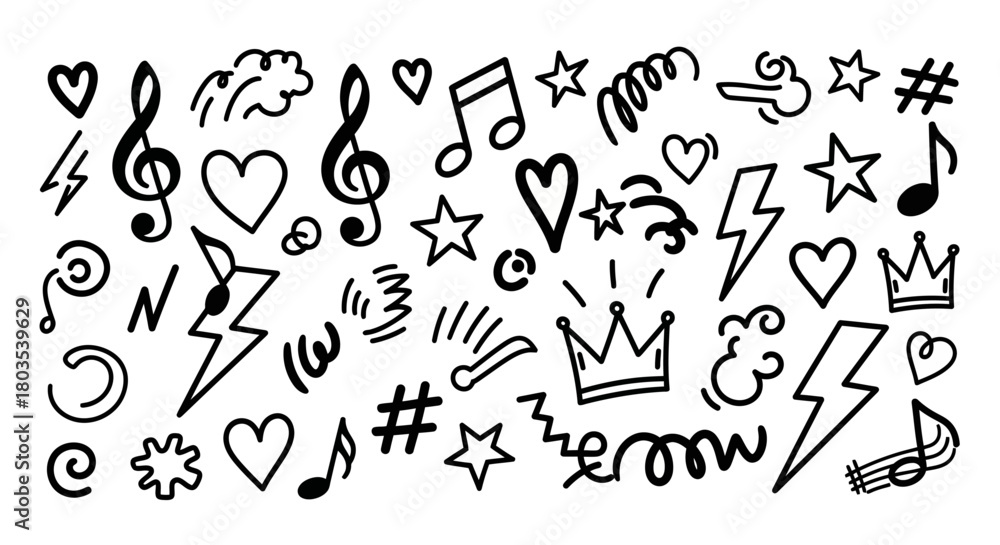 Obraz premium Collection of hand-drawn musical notes, lightning bolts, and hearts on a white background