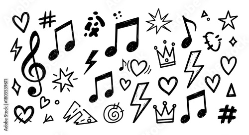 Hand Drawn Music Notes and Decorative Elements on White Background