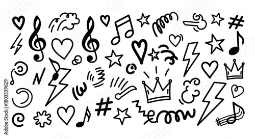 Collection of hand-drawn musical notes, lightning bolts, and hearts on a white background