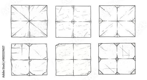 Hand-drawn collection of six different crumpled and folded paper textures for graphic design projects