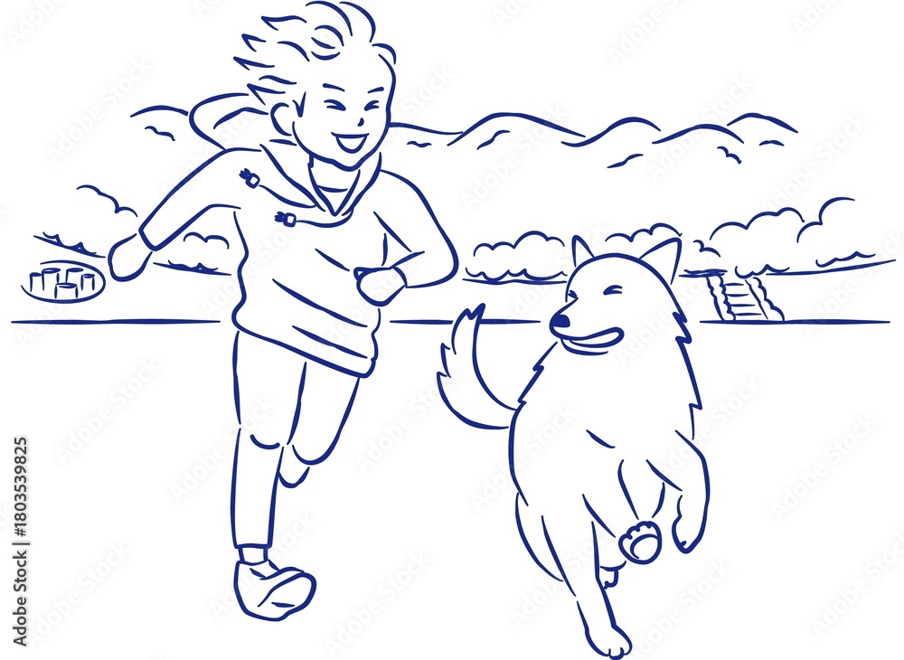 Fototapeta premium 少年と犬が楽しそうに走っている線画イラスト