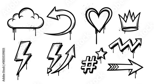 Graffiti-Style Doodle Icons Cloud, Arrow, Heart, Lightning Bolt, and More