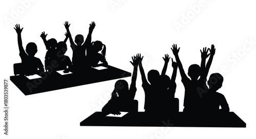 Silhouettes of students with raised hands in a classroom setting