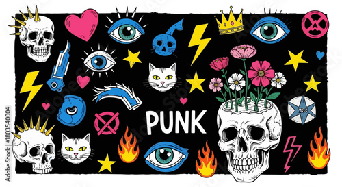 Punk Rock Collage Skulls, Eyes, and Floral Chaos in a Street Art Style